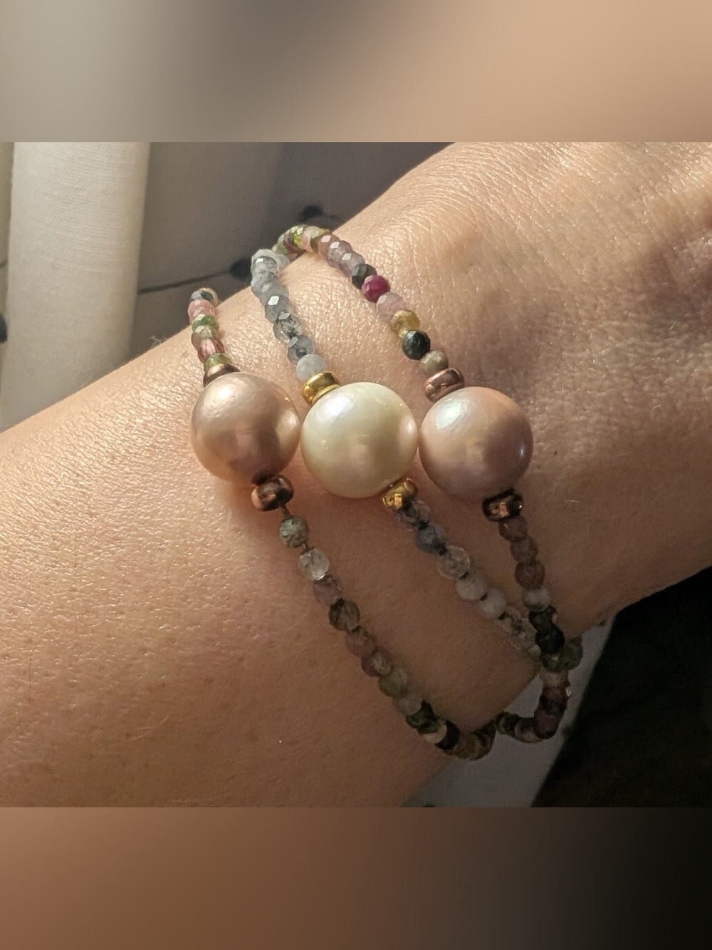 Set of 3-11mm Genusis Cultured Freshwater Pearls & tourmaline bracelets Sterling
